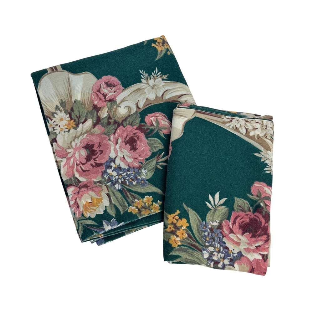 Vintage Shams Set of 2 King Pillowcases Green Floral Roses Cottagecore Country